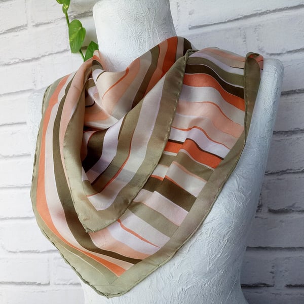 Vintage Linear Pattern Silk Orange-Green-Beige Square ScarfSoft Draping Silk Fab