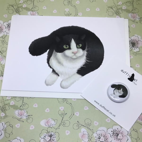 Black & White Cat Blank Greeting Card and Mini Badge or Magnet Set
