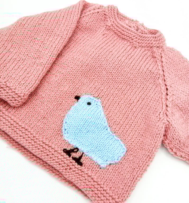 Knitted Jumper with Blue Bird Motif for Babies and Small Children, Gift for Her