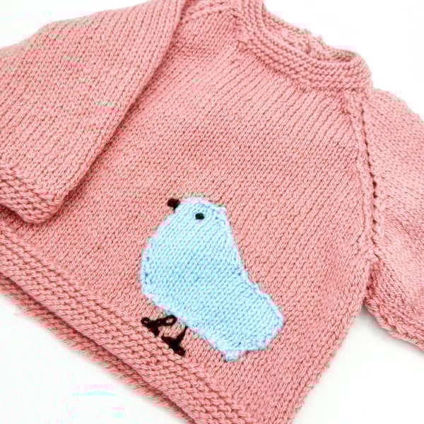 Knitted Jumper with Blue Bird Motif for Babies and Small Children, Gift for Her