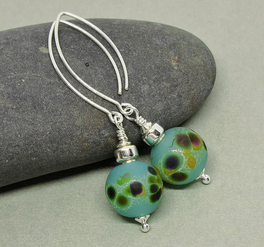 Frosted Turquoise Lampwork Glass Bead Earrings  - Sterling Silver