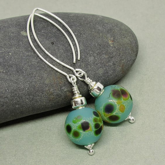 Frosted Turquoise Lampwork Glass Bead Earrings  - Sterling Silver
