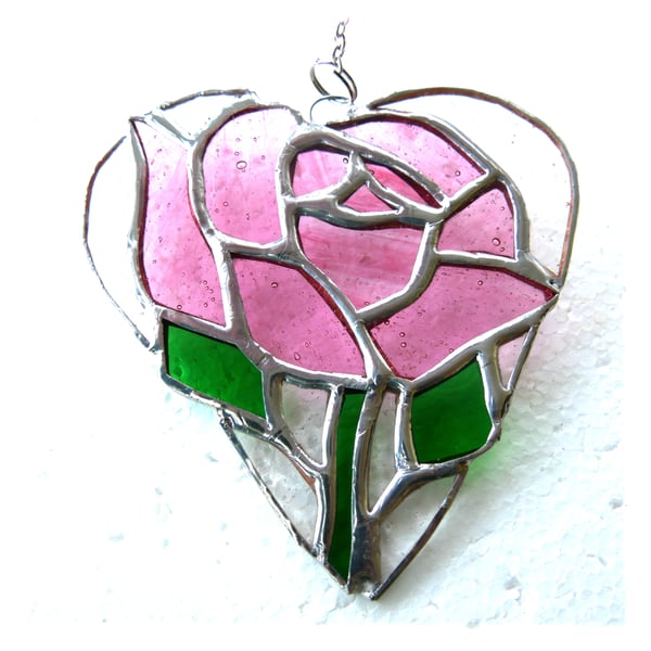 Pink Rose Heart Suncatcher Stained Glass 039