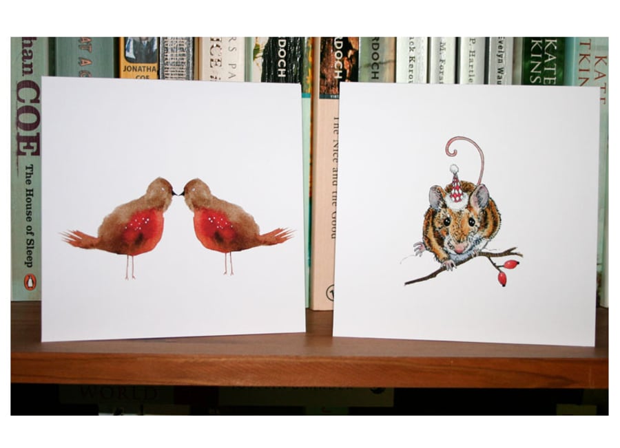 Christmas cards pack of two christmas cards featuring robins and a mouse 5"x5"