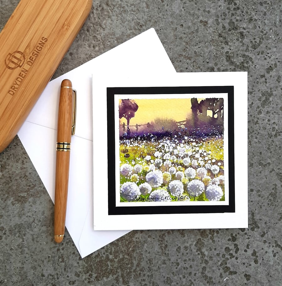 Floral Blank Card, Handpainted White Dandelion Flowers. Any Occasion Notelet