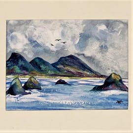 ACEO, Original seascape watercolour, mountains, seagulls, waves, storm clouds,  