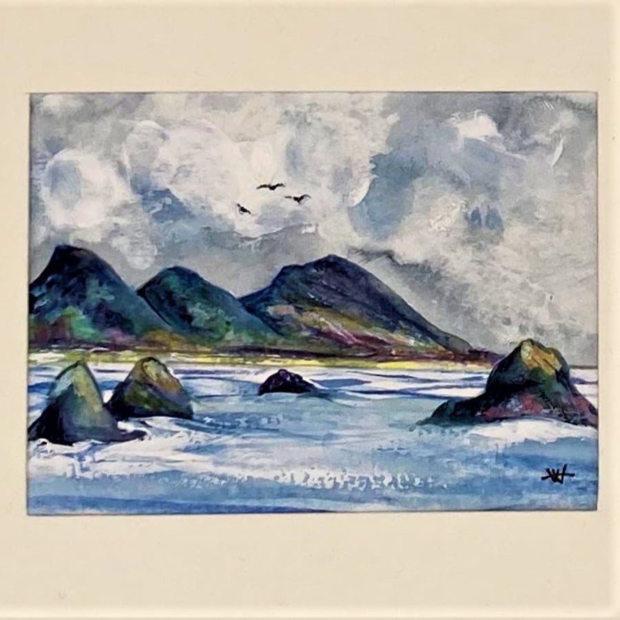 Seascape - Waves, mountains, seagulls & stormy sky - original watercolour ACEO  