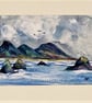 ACEO, Original seascape watercolour, mountains, seagulls, waves, storm clouds,  