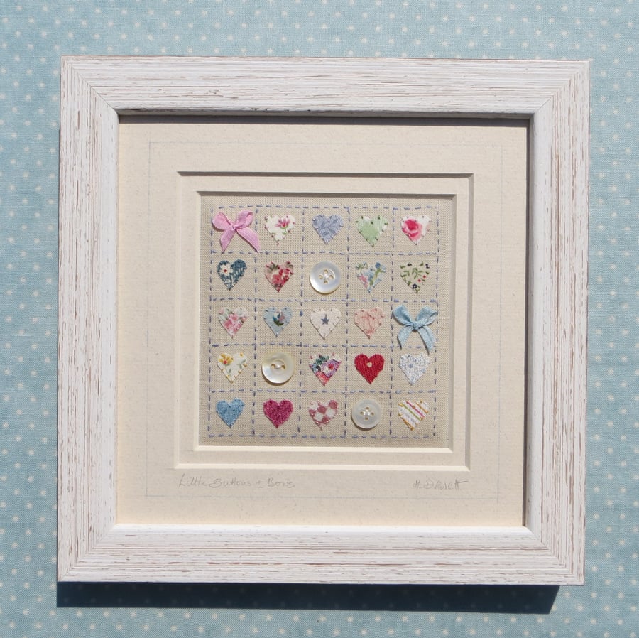 Little Buttons and Bows, pretty hand-stitched framed miniature - lovely gift!