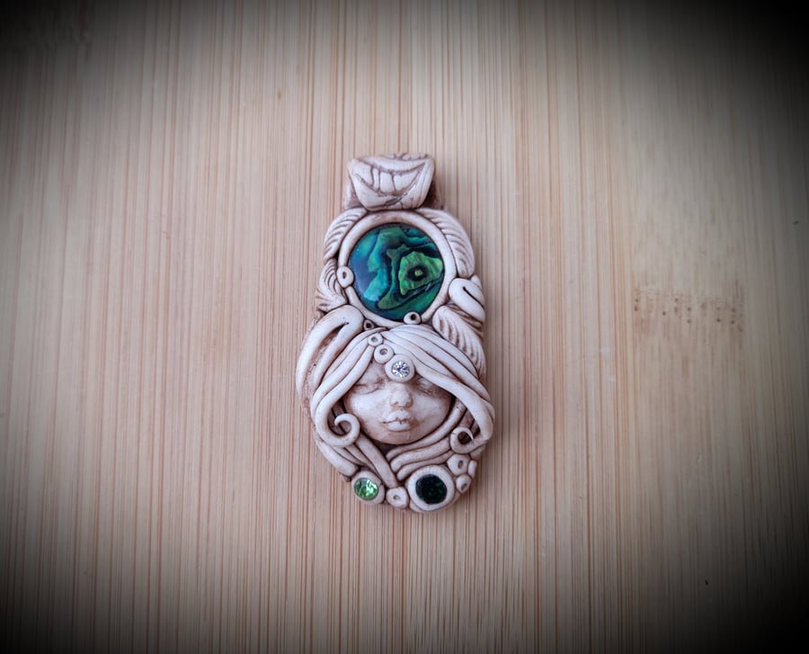 Green Abalone and Polymer Clay Goddess Pendant 