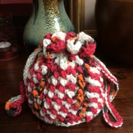 Hand Crochet Red White Orange Grey Black Drawstring Bag Handbag by Poppy Kay