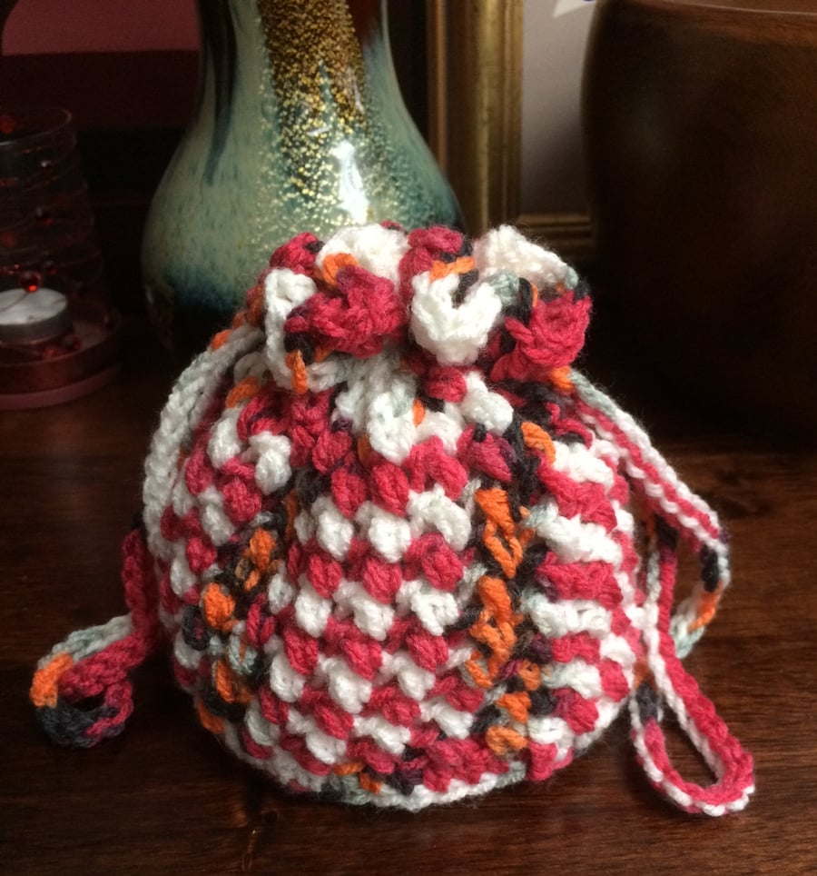 Hand Crochet Red White Orange Grey Black Drawstring Bag Handbag by Poppy Kay