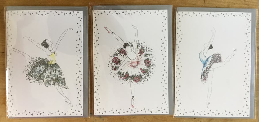 Trio of Ballerina Greeting cards 5x 7” silver envelope 