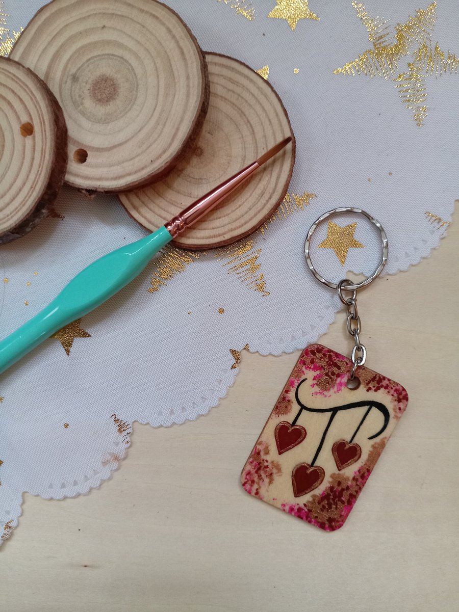 Wooden rectangular hanging hearts keyring
