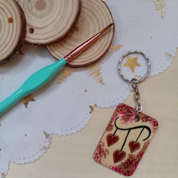 Wooden rectangular hanging hearts keyring
