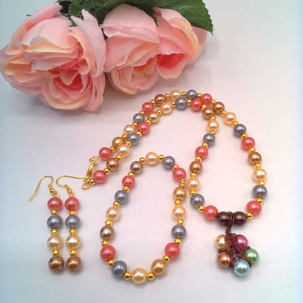 Pastel Pearl Necklace with Star Pendant, Bracelet and Earrings Set, Gift for Her