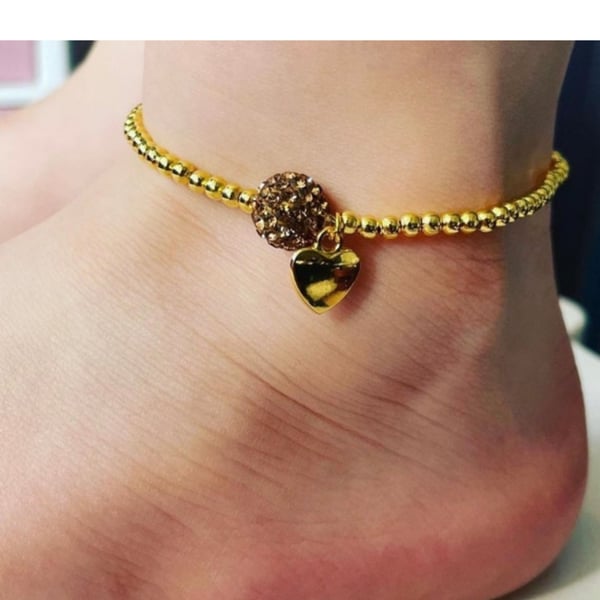 Goldtone beaded stretch anklet with shamballa bead gold heart charm anklet gift 