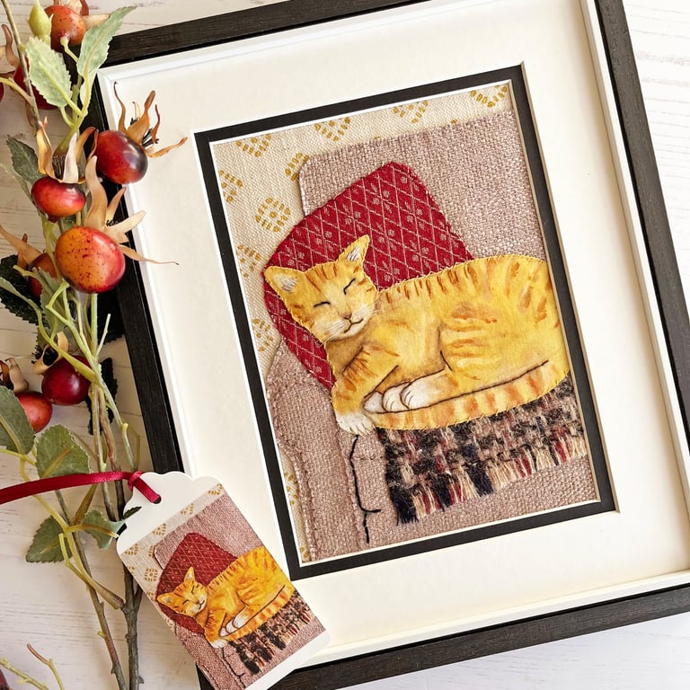 'The chair thief' - Hand stitched textile ginger tabby cat - gift for cat lover