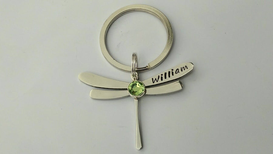 Hand Stamped personalised dragonfly name keyring
