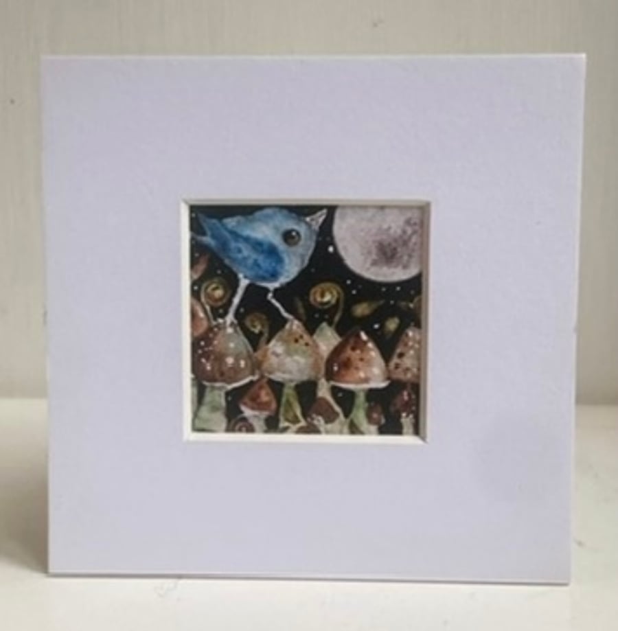 Mounted ACEO Enchanted Moon Gazing Bird in Mushrooms Field Watercolour Edition 