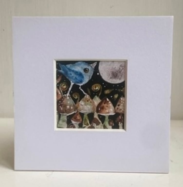 Mounted ACEO Enchanted Moon Gazing Bird in Mushrooms Field Watercolour Edition 