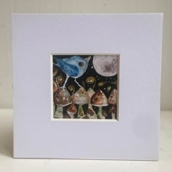 Mounted ACEO Enchanted Moon Gazing Bird in Mushrooms Field Watercolour Edition 