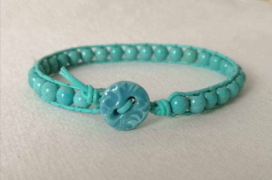 Turquoise bead and leather bracelet with ceramic heart button, December birthday