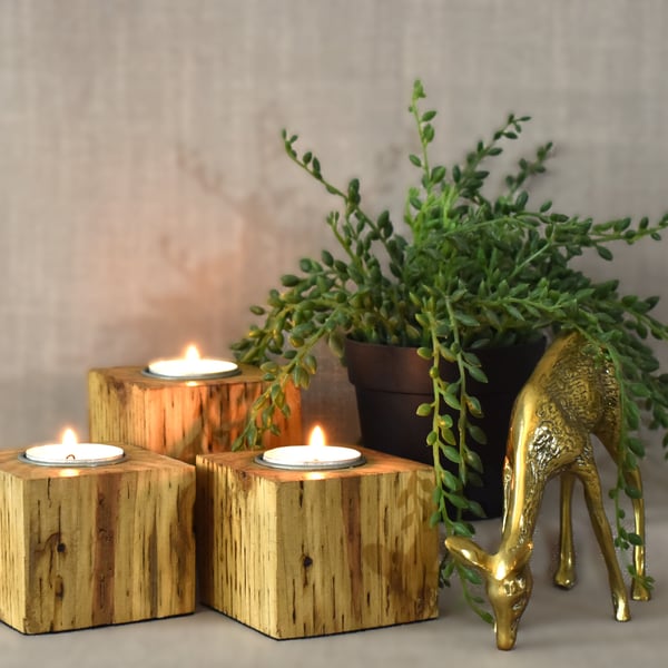 Set of 3 Low Tealight Holders Made from an Upcycled Fence Post