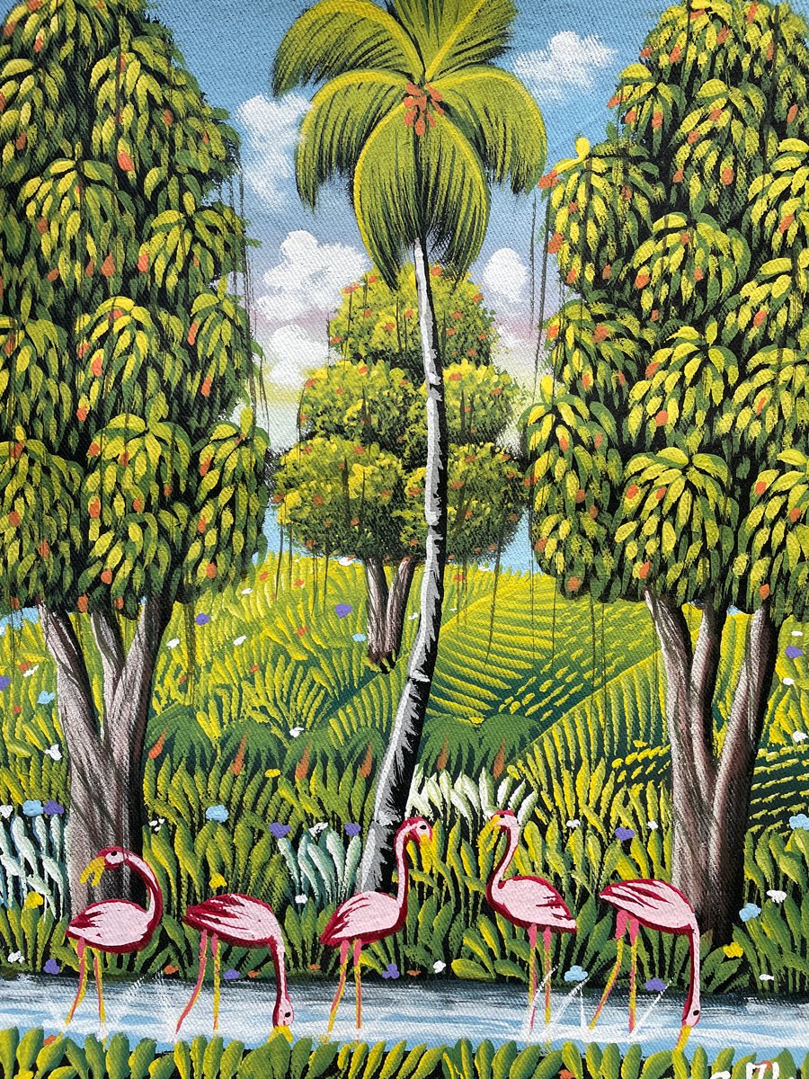 Flamingos in Paradise Original Painting on Canvas, Surreal Forest Art