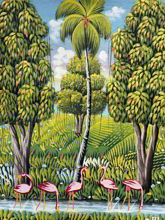 Flamingos in Paradise Original Painting on Canvas, Surreal Forest Art