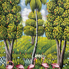 Flamingos in Paradise Original Painting on Canvas, Surreal Forest Art