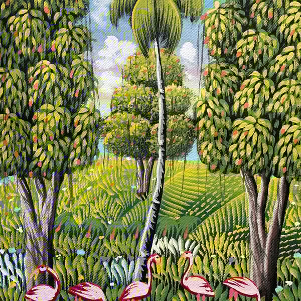 Flamingos in Paradise Original Painting on Canvas, Surreal Forest Art