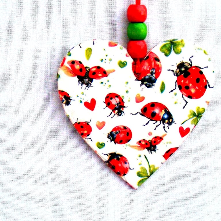 Ladybird decoupaged wooden heart wall hanging
