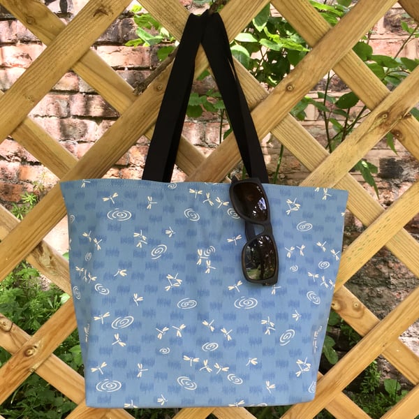 Light Blue Japanese Fabric with Dragonflies Tote Bag Medium Size