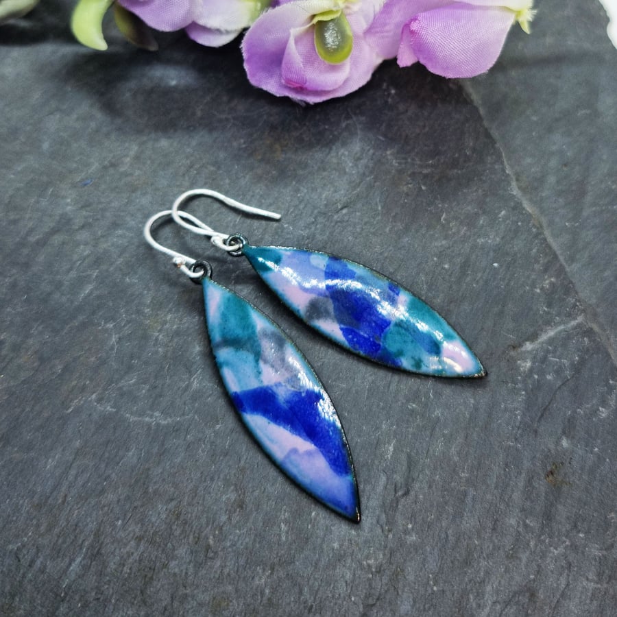Abstract Colour enamel marquise drop earrings - purple
