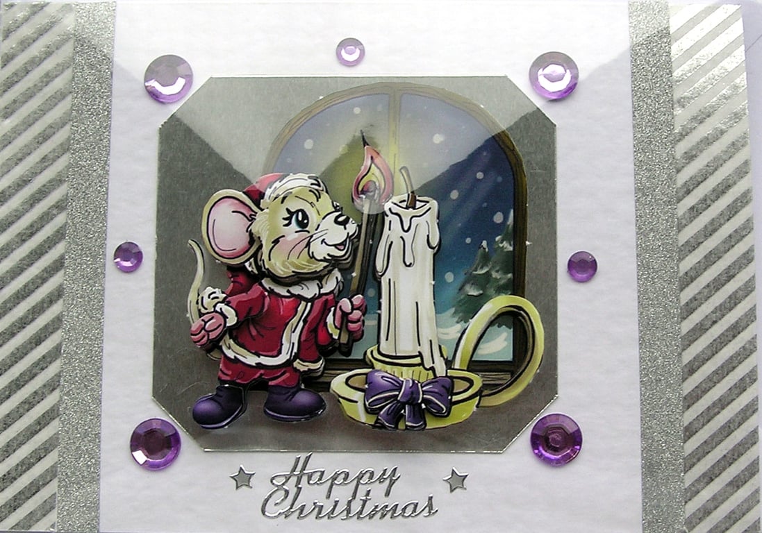 Hand Crafted Decoupage Chistmas Card - Happy Christmas (2460) - Mouse