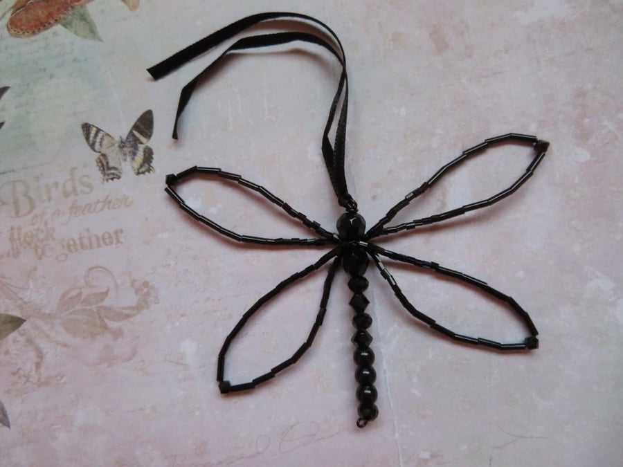 Black Jet Beaded Crystal Dragonfly Ornament Decoration Gifts Christmas 