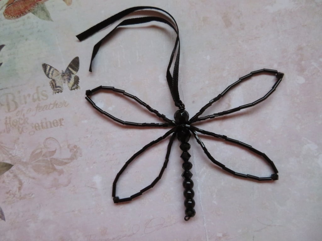 Black Jet Beaded Crystal Dragonfly Ornament Decoration Gifts Christmas 