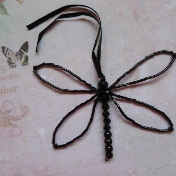 Black Jet Beaded Crystal Dragonfly Ornament Decoration Gifts Christmas 