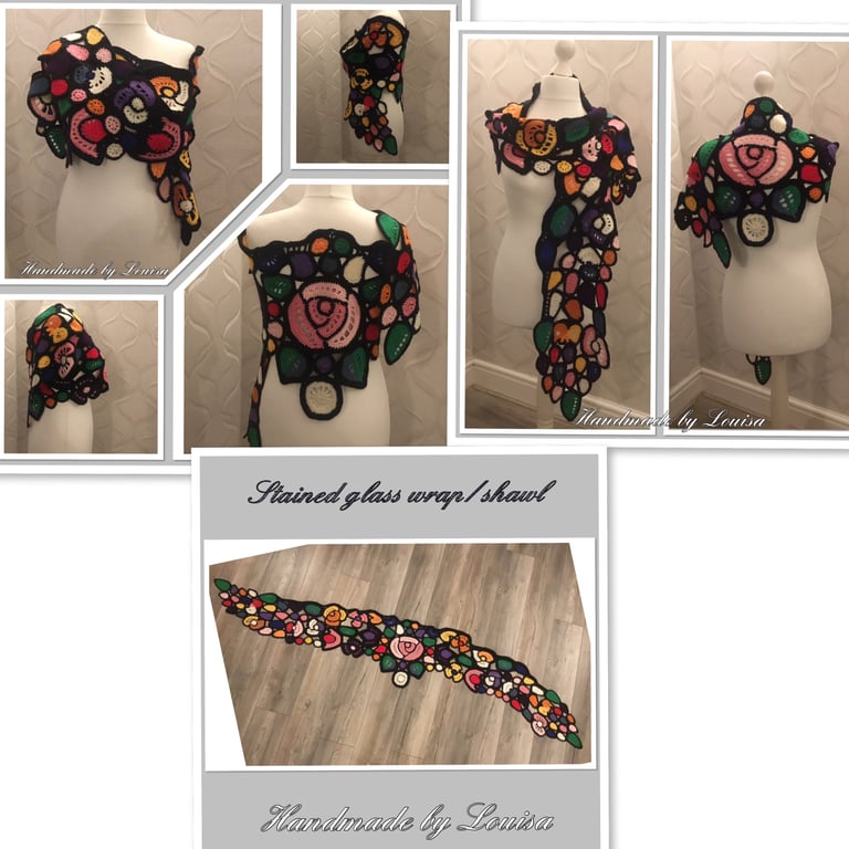 Crocheted shawl, stained glass wrap