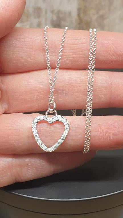 Sterling Silver 925 Handmade Textured Skinny Heart Necklace