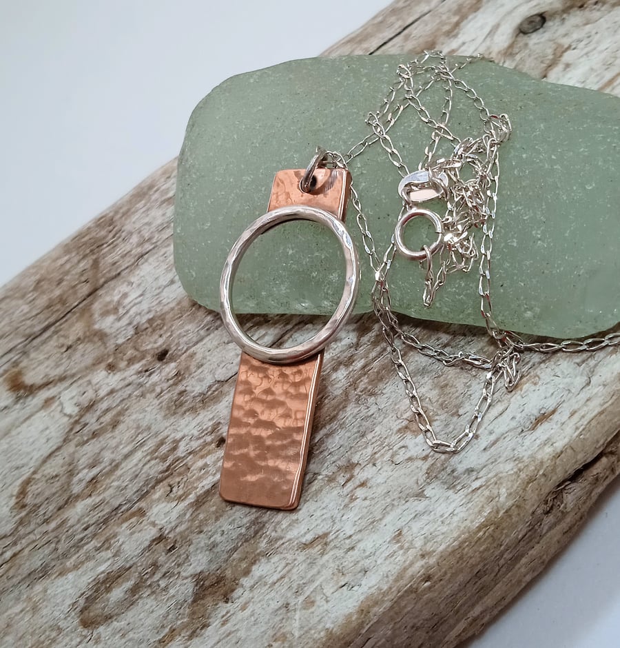 Hammered Copper and Sterling Silver Pendant Necklace (NKMMBAHP1) - UK Free Post