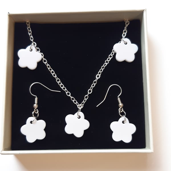 Silver plated, white flower drop, necklace and earrings