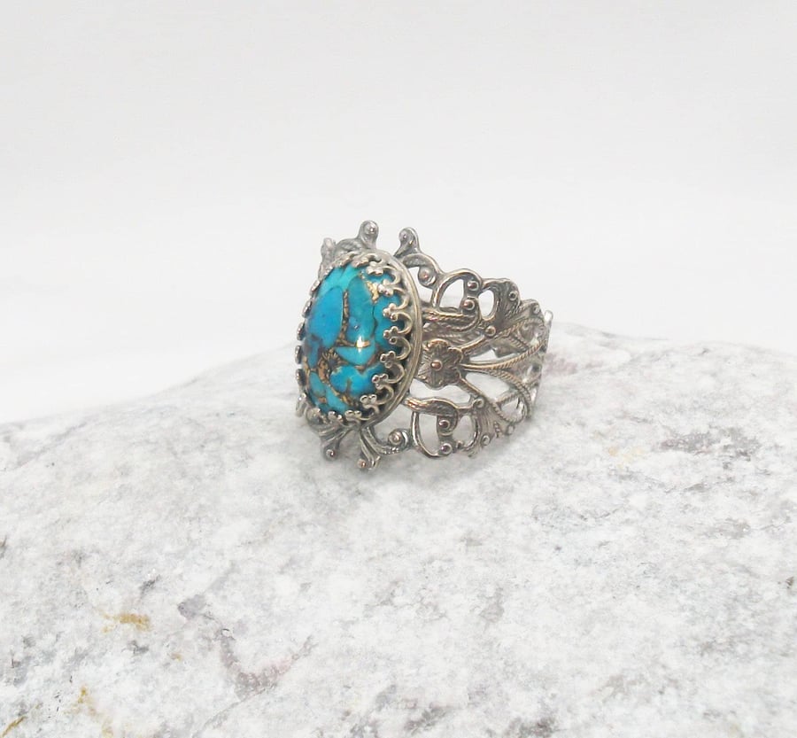 Silver Plated Filigree Adjustable Turquoise Ring, Gift For Her.