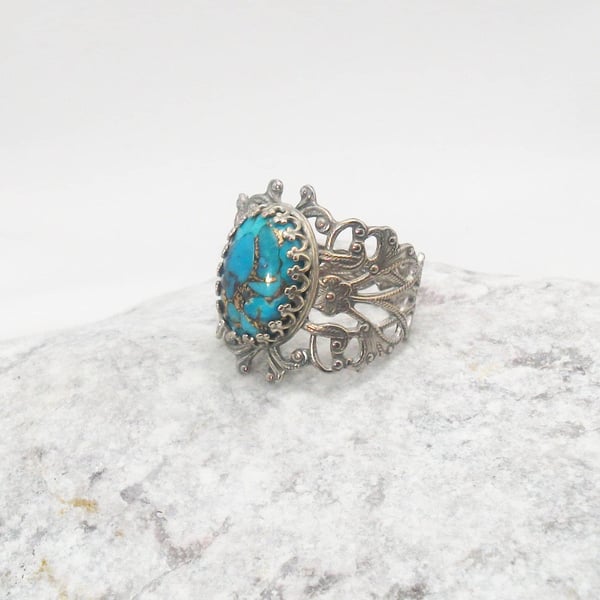 Silver Plated Filigree Adjustable Turquoise Ring, Gift For Her.