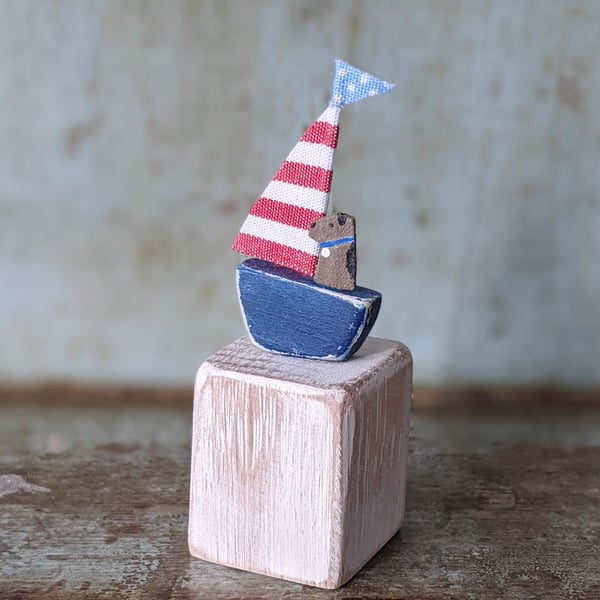 Tiny Wooden Nautical Ornament, Red and White Stripe Sail and Dark Blue Boat