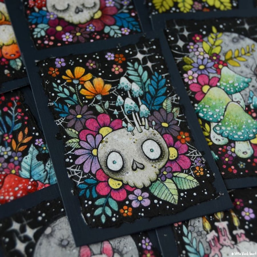 creepy cute floral skull and fungi - original aceo illustration