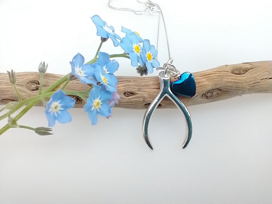 Silver Wishbone Blue Hematite Heart Necklace - Make a Wish