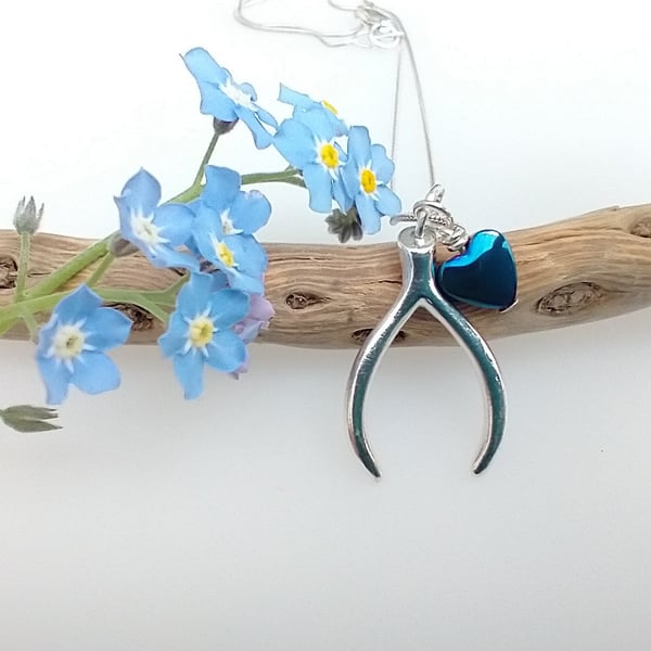 Silver Wishbone Blue Hematite Heart Necklace - Make a Wish