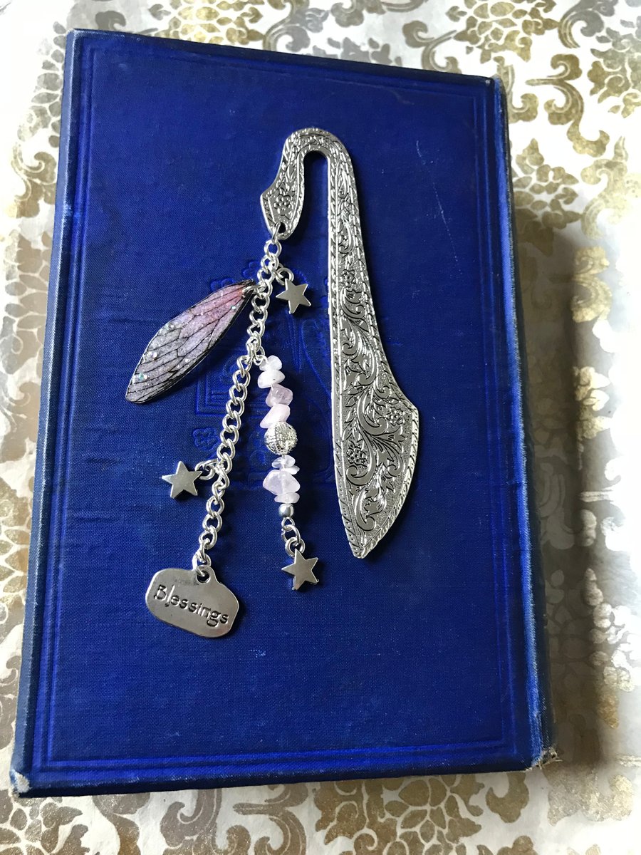 Rose Quartz Fairy Blessing Fairy Wing Beaded Ornate Bookmark and Velvet Pouch